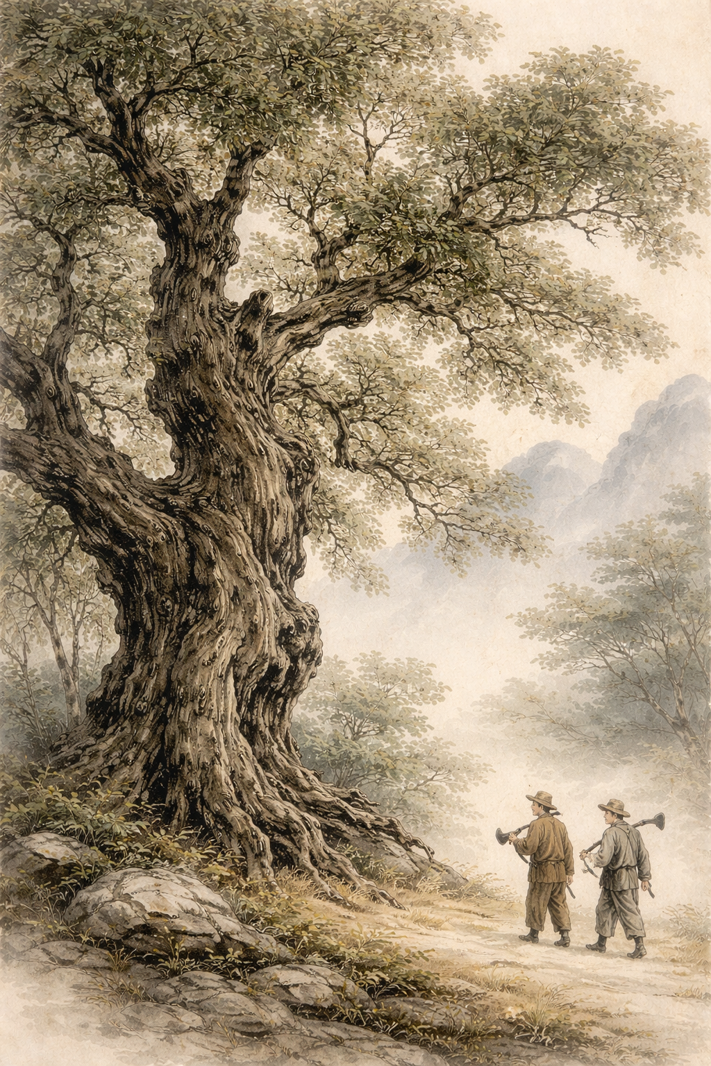 A massive ancient gnarled oak tree standing alone in a landscape while woodcutters with axes pass by ignoring it, traditional Chinese ink wash painting style