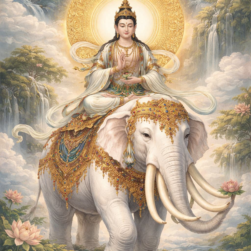 Samantabhadra riding a white elephant in Buddhist iconography