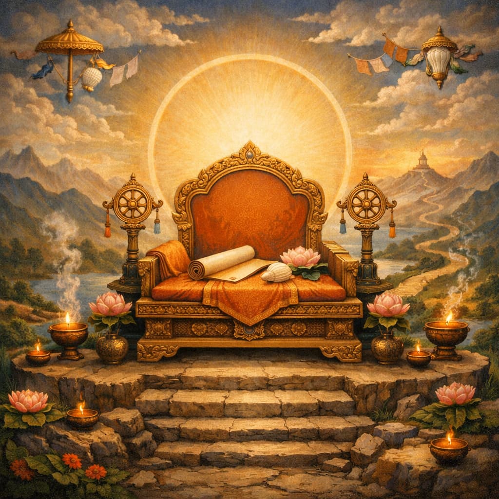 Empty throne symbolizing the Buddha's presence through absence