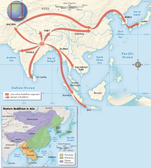 Map showing the spread of Buddhism across Asia along trade routes