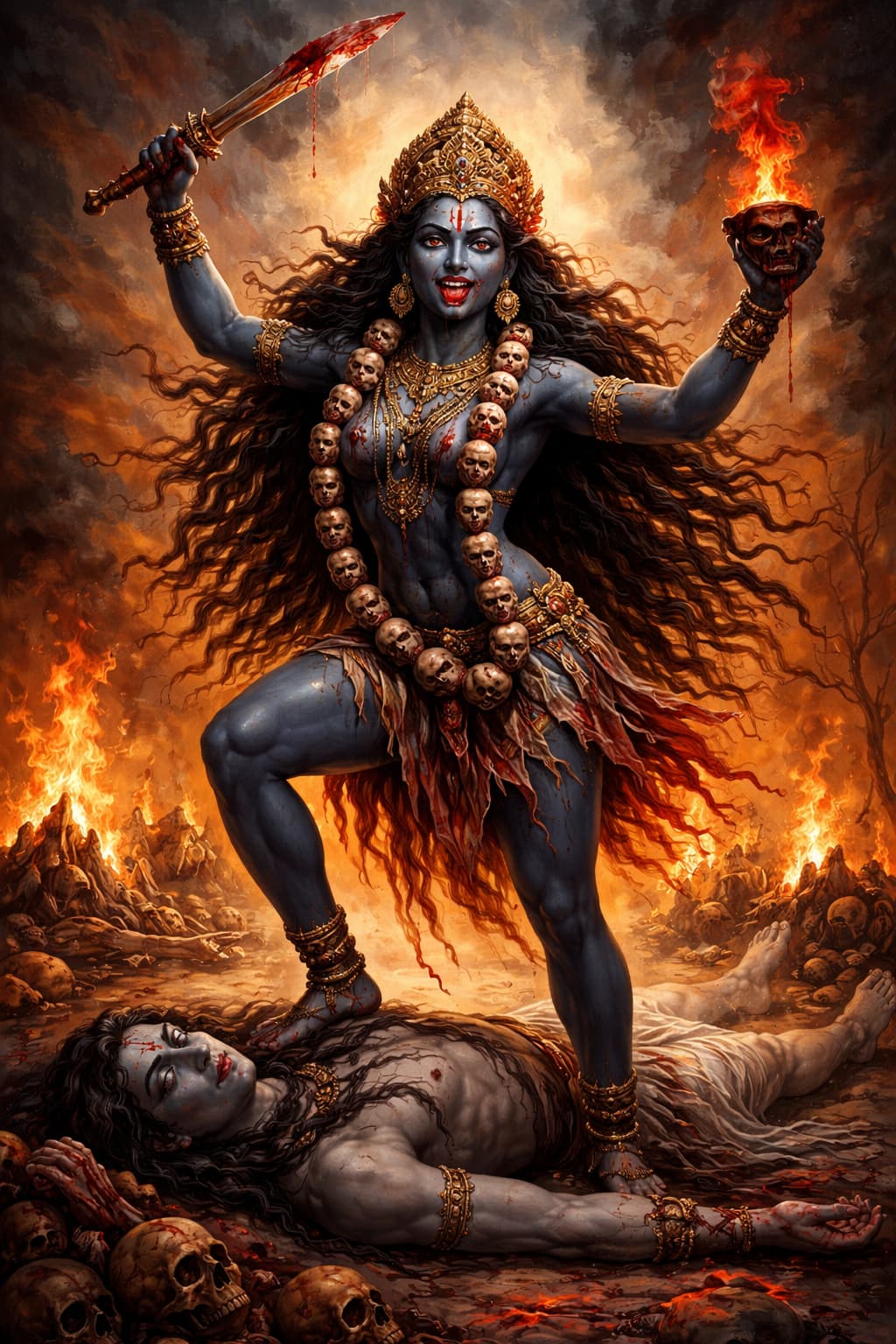 Kali standing on Shiva, symbolizing the relationship of energy and consciousness