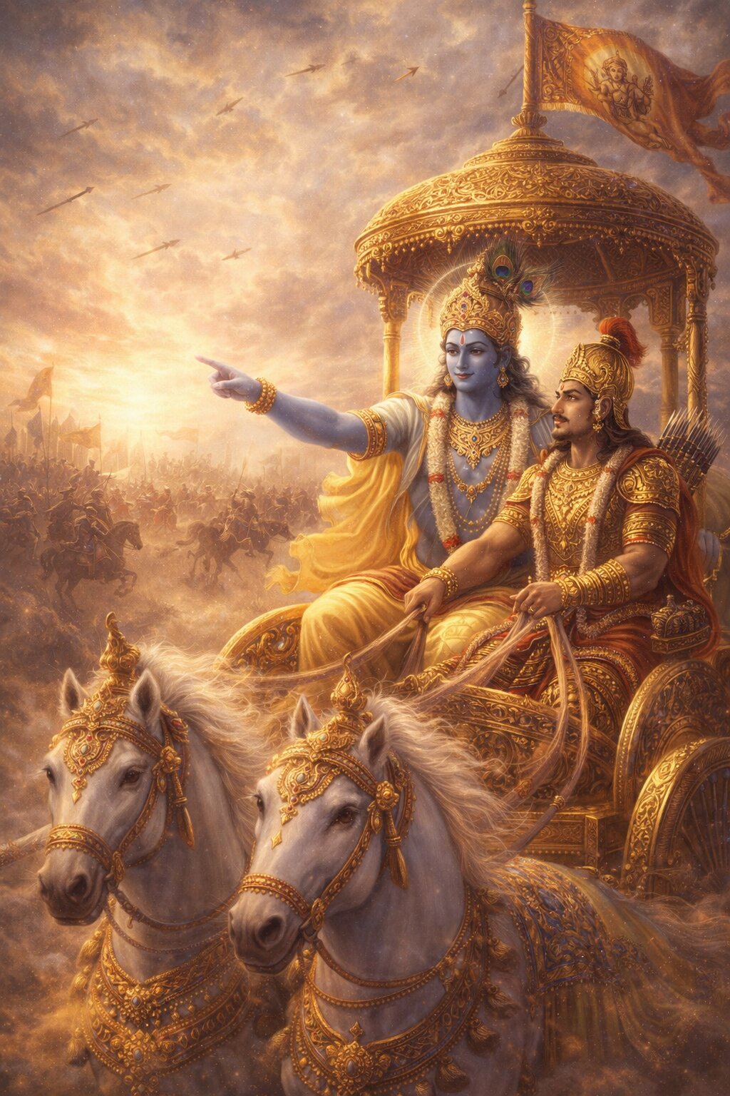 Krishna counsels Arjuna on the battlefield