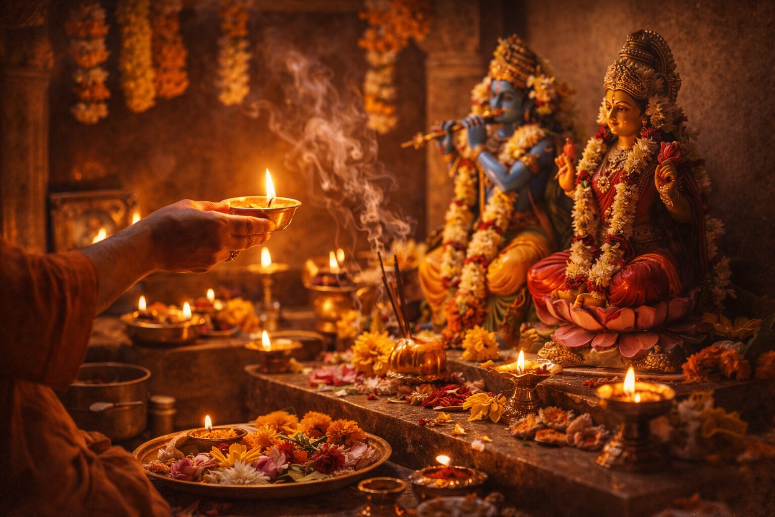 Puja worship ritual with offerings and devotion