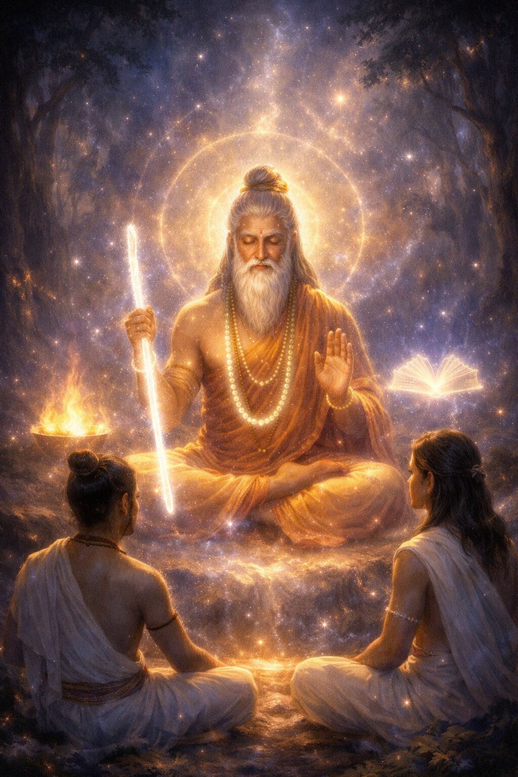 Upanishadic teaching in forest settings with students sitting down near their guru