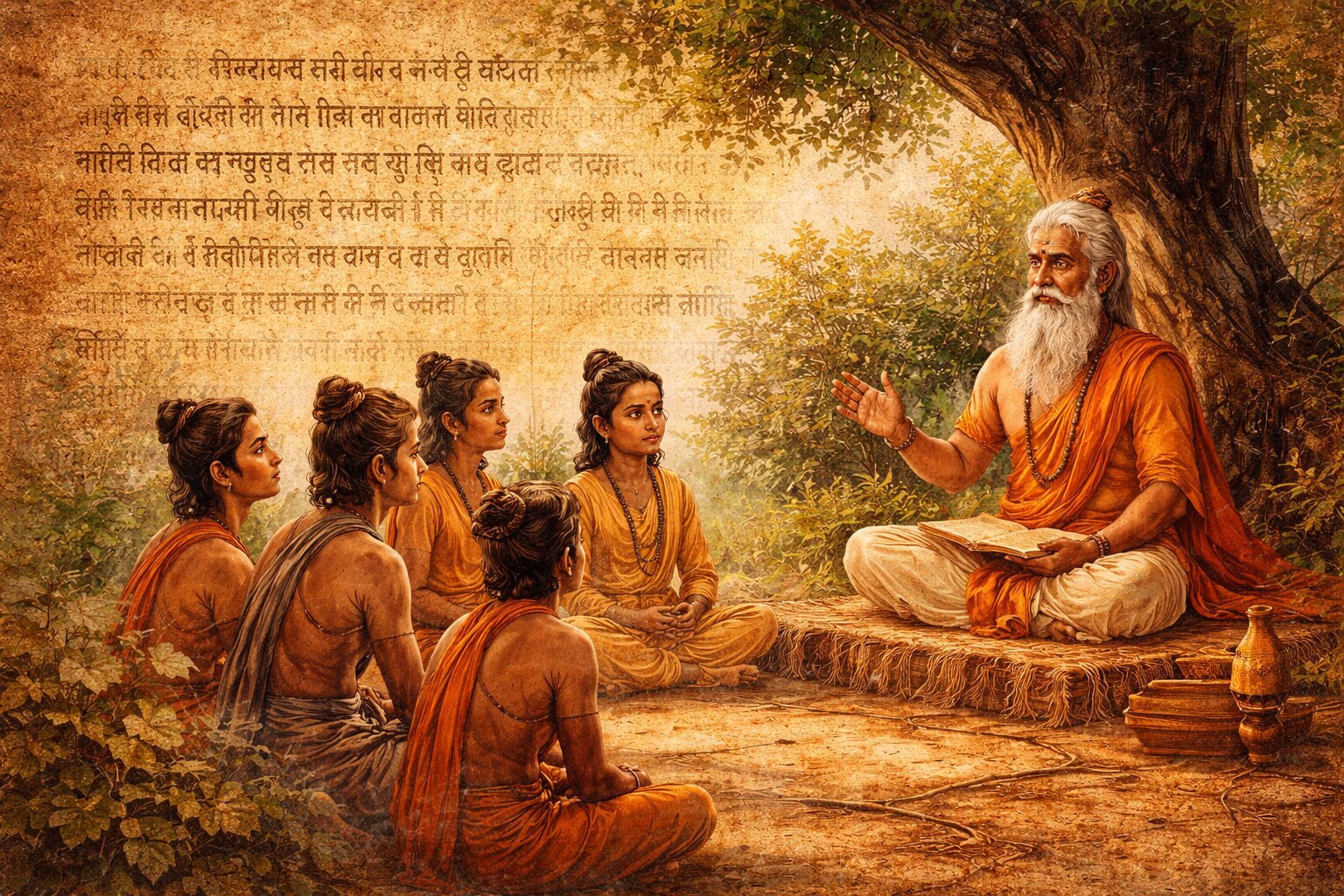 Guru teaching student in traditional Upanishadic style