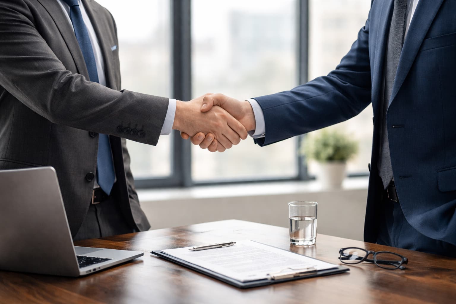 Two business professionals shaking hands in agreement, symbolizing trust and mutual commitment in a formal setting